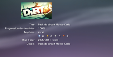Dirt 3 Trophées DLC circuit monte-carlo LISTE